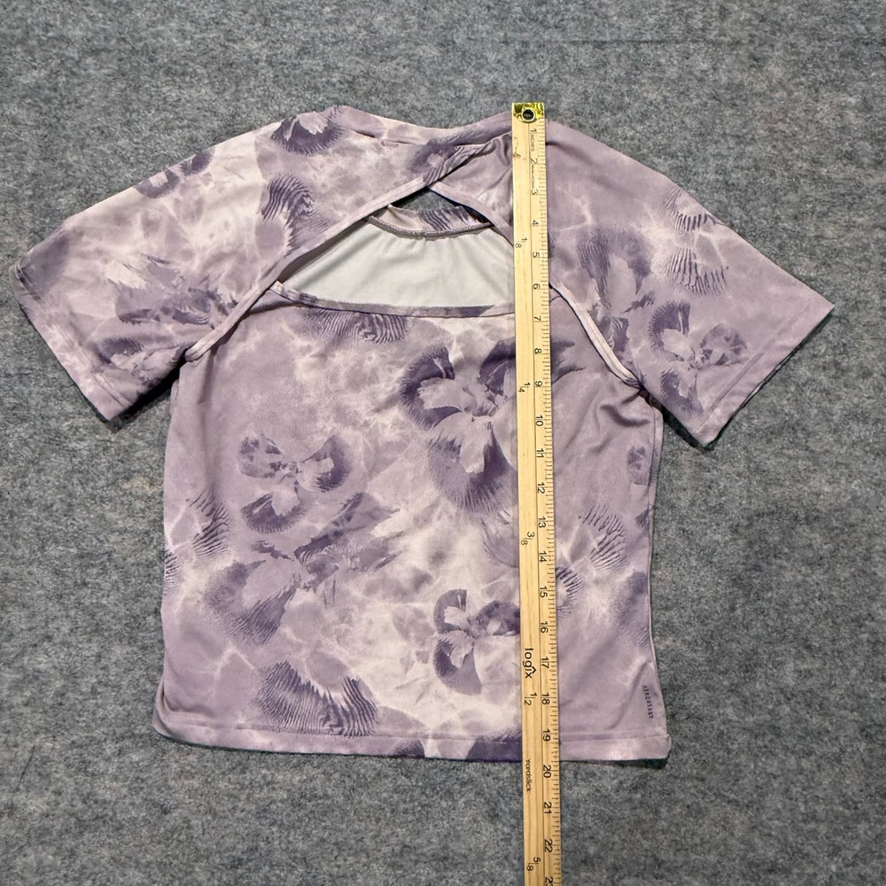 Adidas Floral Open Back Training Tee Womens XS Purple Slim Fit Aeroready Shirt - Picture 5 of 6